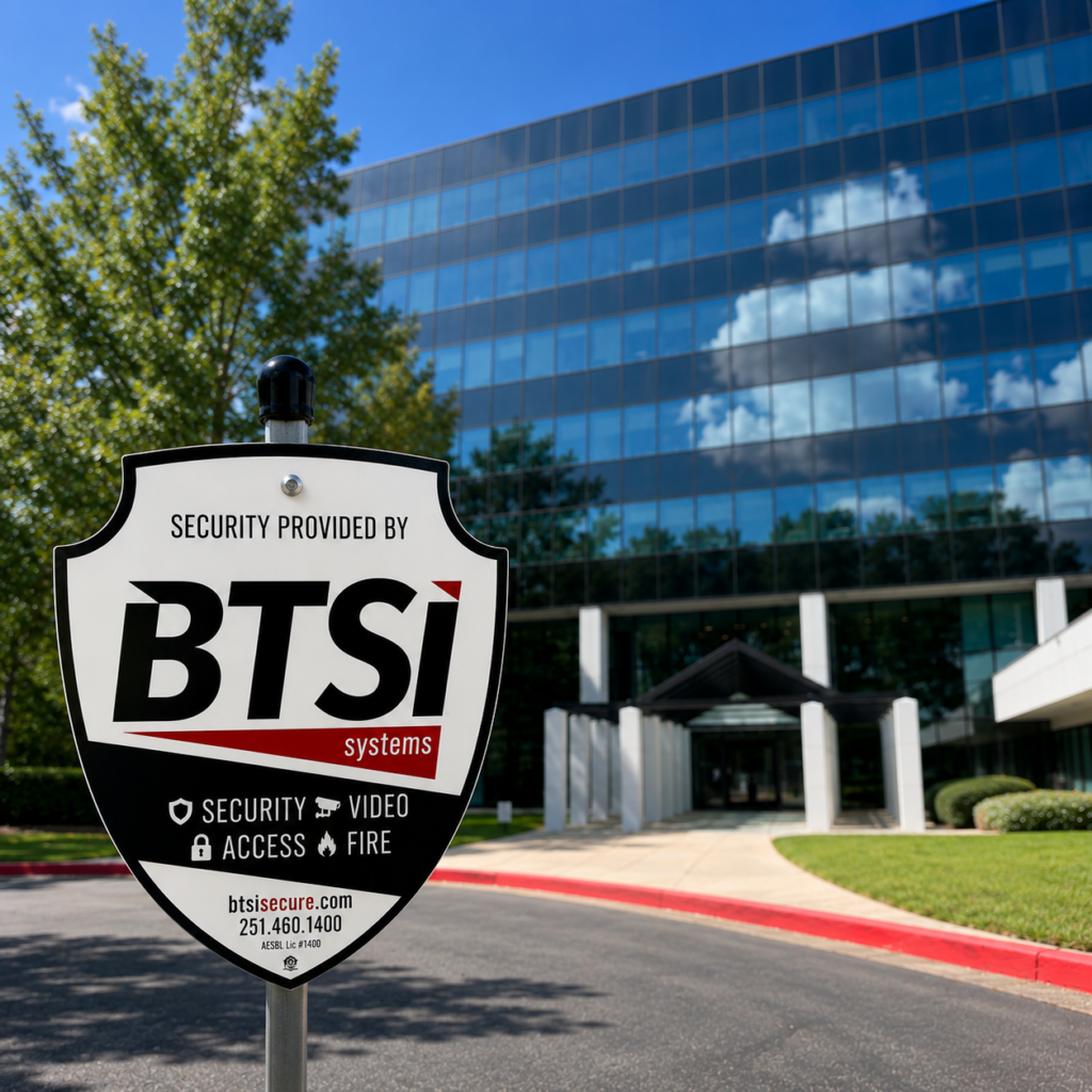 BTSI Systems security sign in front of the Montlimar Place office tower in Mobile, Alabama