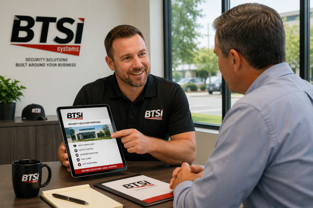 BTSI Systems representative reviewing a security assessment with a business owner in Mobile, Alabama