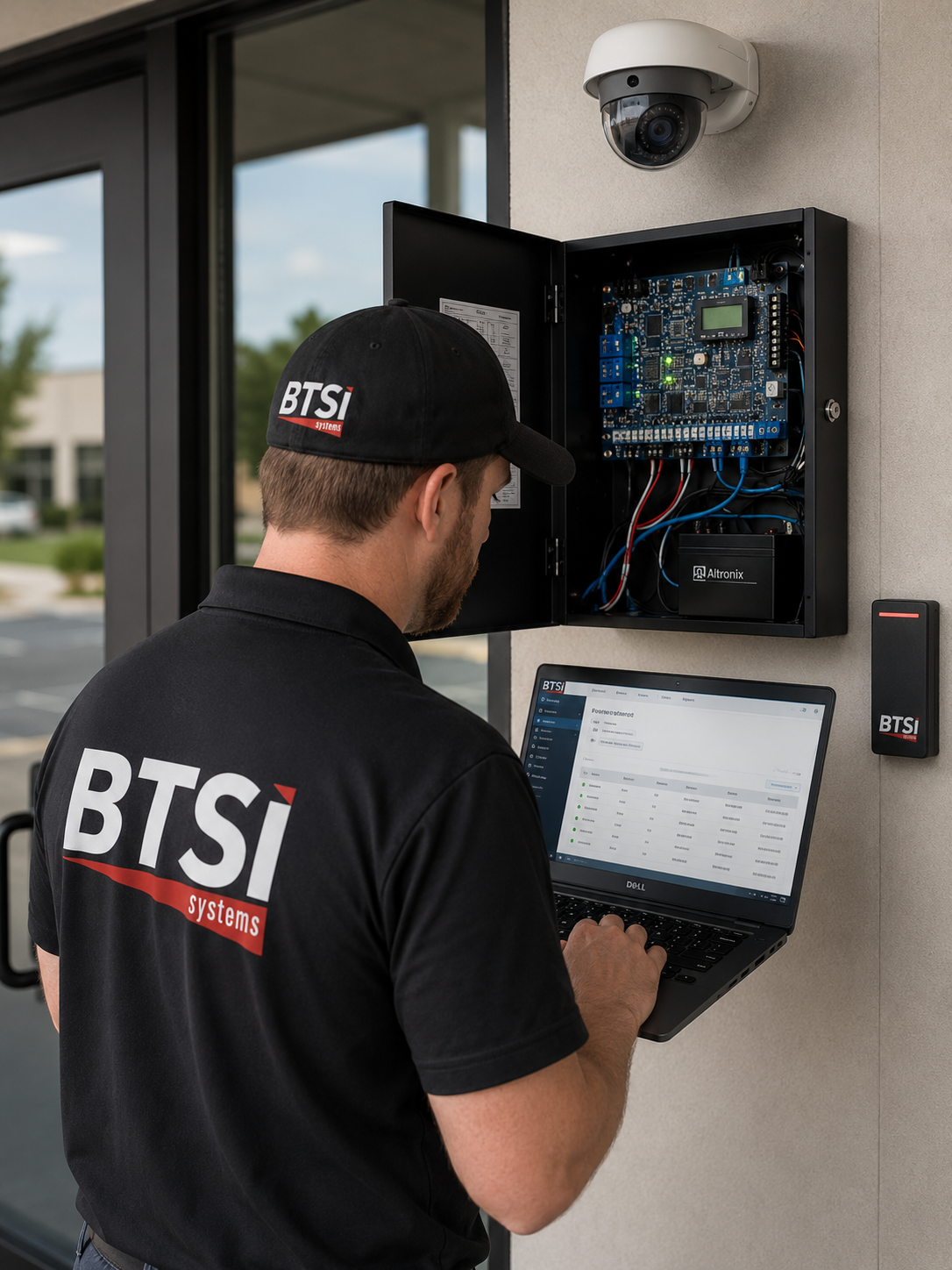 BTSI Systems technician programming an access control panel at a commercial building in Mobile, Alabama
